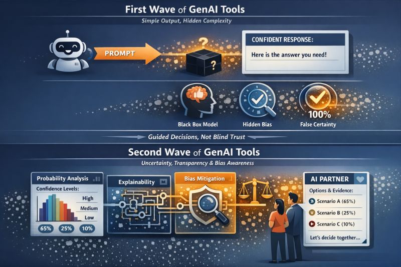 GenAI tools evolution: first wave black-box models with false certainty give way to second wave tools with probability analysis, explainability, and bias awareness