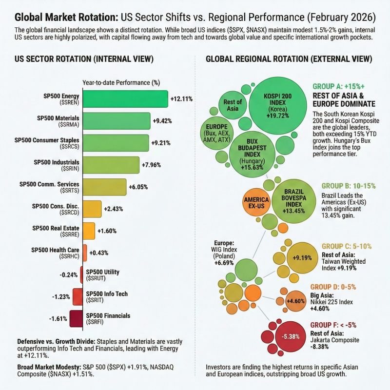 Global market rotation February 2026: US sectors show defensive-over-growth divide while Korea, Hungary, and Europe lead regional performance