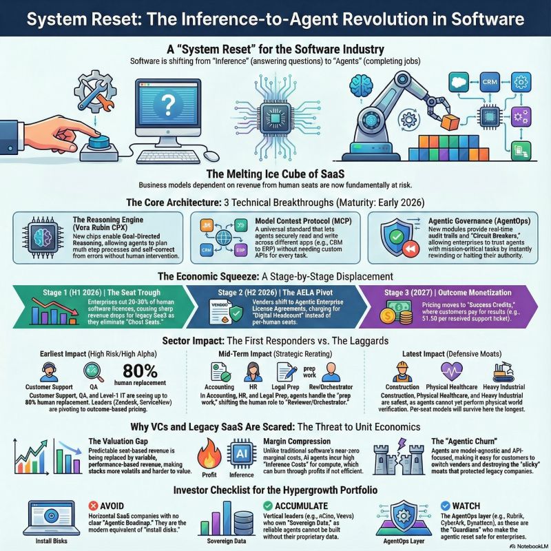 System Reset: The Inference-to-Agent Revolution — how seat-based SaaS gives way to autonomous agents completing jobs, with a three-stage economic displacement timeline