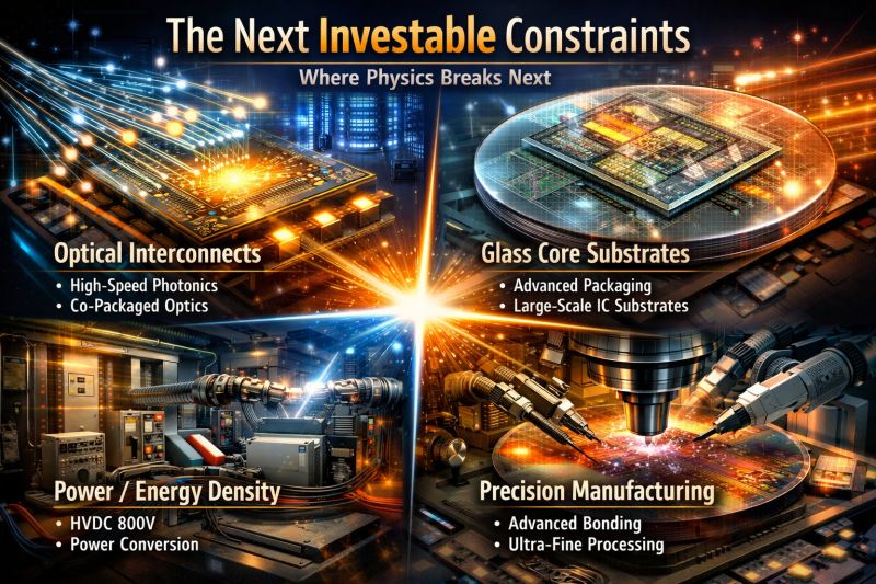 The next investable constraints in AI infrastructure: optical interconnects, glass core substrates, power and energy density, and precision manufacturing