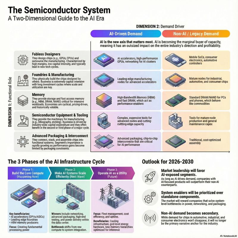 The Semiconductor System: a two-dimensional map of the AI era, plotting functional role against AI-driven vs legacy demand across five supply chain layers