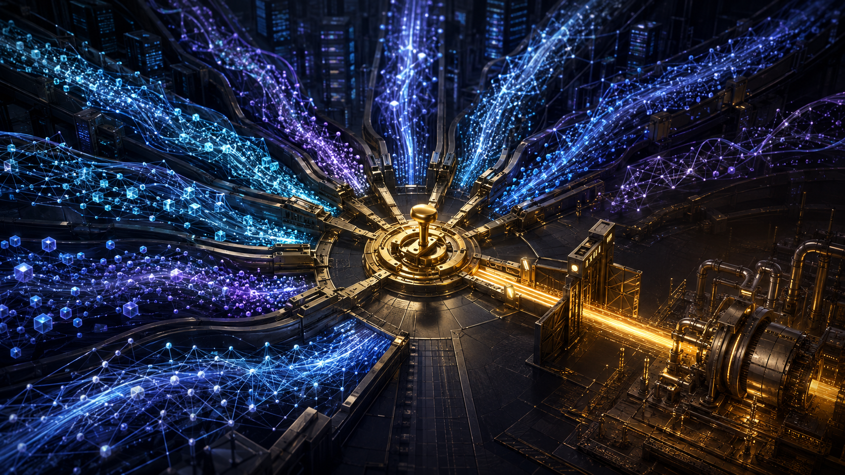 Streams of blue and violet data converging from every direction into a single gold valve at the centre, which feeds the golden industrial machinery beyond it