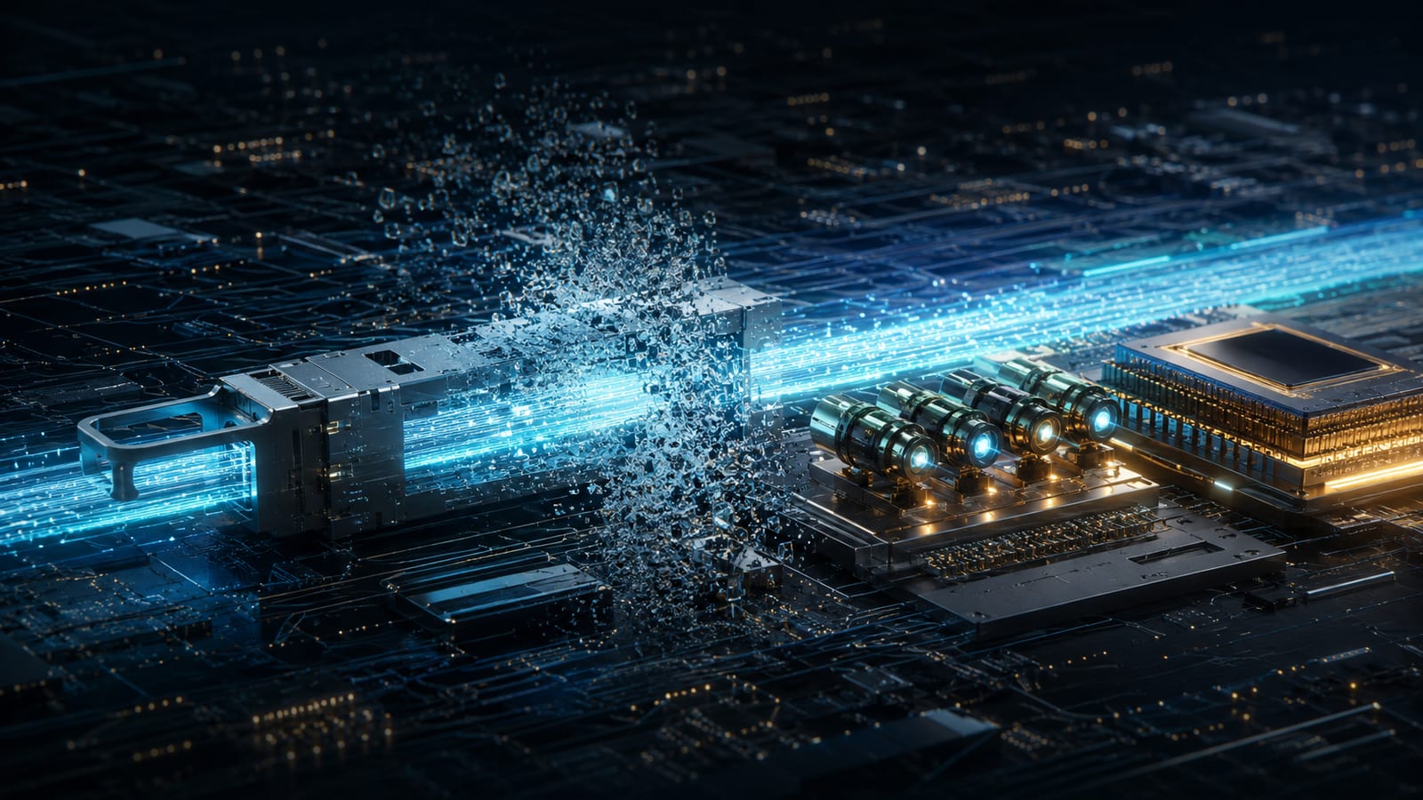 The Toll Nobody Keeps cover art — a pluggable optical transceiver dissolving into particles as beams of light cross the board to a row of indium-phosphide lasers and a co-packaged compute module: the module dies, the light source and the package keep the toll.