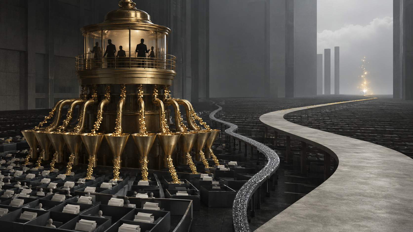 A golden machine pours coins through funnels into grey boxes of filed work below, while a path leads away toward lit pillars in the distance — value handing off from the machine that made it to the world that uses it
