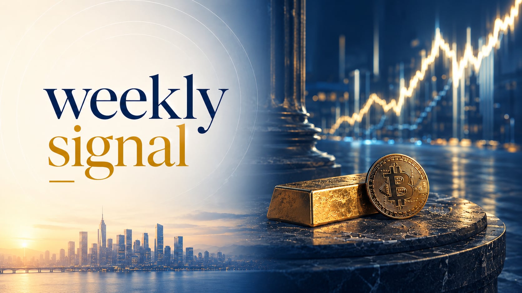 Weekly Signal cover — a gold bar and a bitcoin coin on a dark marble plinth beneath a rising golden price line, a city skyline at dawn on the left: the week bitcoin rose through two rate hikes while gold stood still.