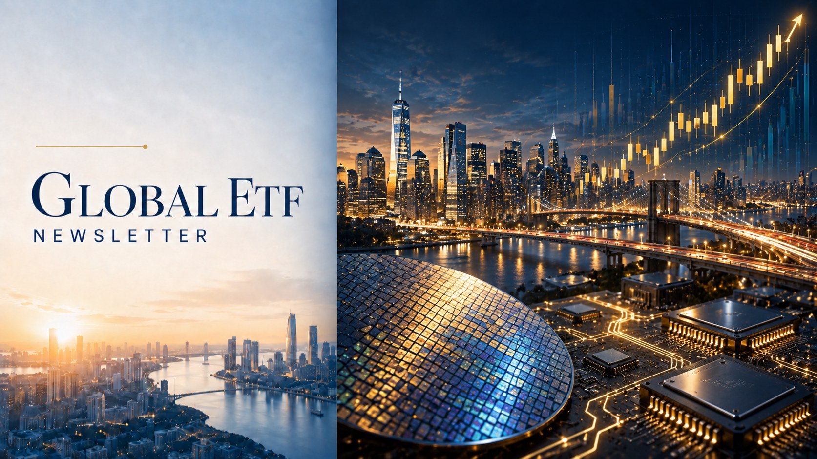 Global ETF Newsletter cover for 3 October 2026 — city skylines and a silicon wafer under a rising candle chart; the week America's tech and Asia's chip markets made records while Europe and India slid.