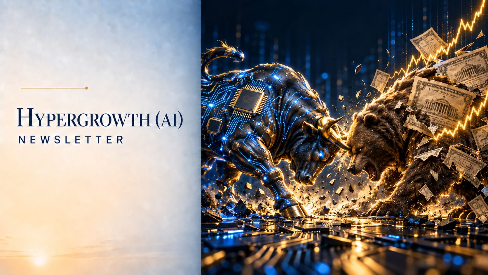 Hypergrowth (AI) Newsletter cover for 18 October 2026 — a chip-circuit bull locked with a bear made of banknotes on a rising chart; the week the whole AI stack was sold, builders, operators and, on Friday, the applications.