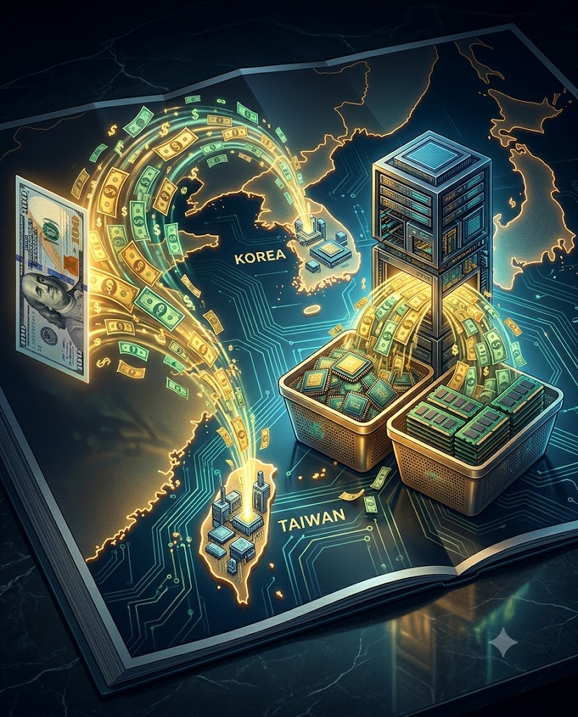 The hyperscaler dollar flowing across a circuit-board map into Korea and Taiwan, filling baskets of accelerator chips and memory modules.