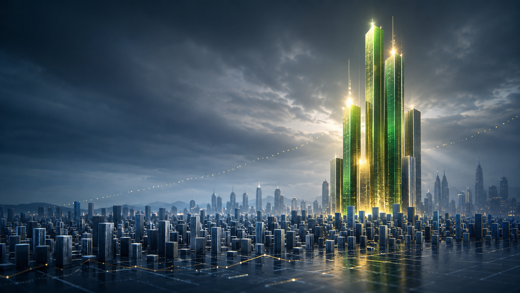 A field of small gray towers under storm light, with a handful of tall glowing green towers carrying all the brightness — the index rises on a few while the median stands in shadow.