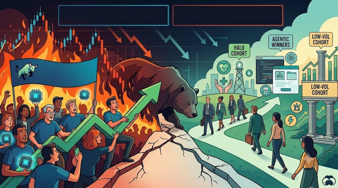 Editorial illustration: on the left, semiconductor investors holding chip signs stand amid flames as a bear looms over a cracking cliff — the old winners at risk; on the right, a green path leads toward signposts reading HALO Cohort, Agentic Winners and Low-Vol Cohort — the rotation destinations.
