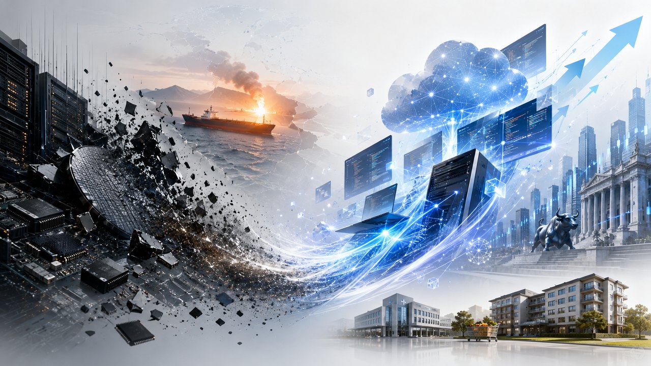 Editorial illustration: on the left a silicon wafer and chips shatter into fragments; behind them a tanker burns at sea off a mountainous strait; a blue stream of software screens and cloud infrastructure sweeps up and to the right toward a bull, exchange architecture and rising arrows, with health-care and residential buildings in the foreground — the rotation from silicon into services, with the Hormuz risk burning in the background.