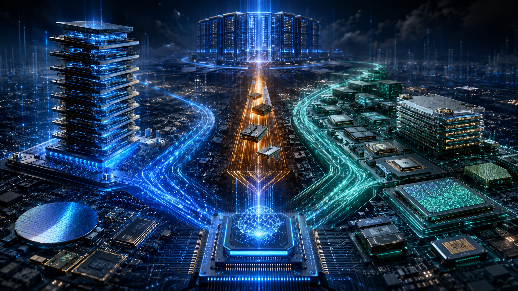 Editorial illustration of the memory supercycle as a circuit-board city at night: a stacked HBM tower glowing blue on the left, a data-center citadel on the horizon and a district of packaged memory dies in green on the right — three complexes whose light-trails all converge on a single accelerator chip with a neural core at the center.
