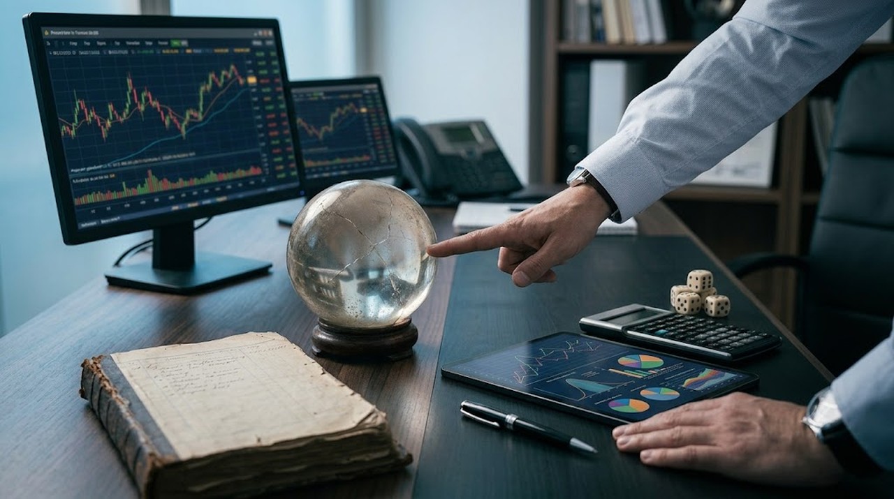 A hand points at a cracked crystal ball on a trading desk — market charts on the monitors behind it, a worn handwritten ledger, dice and a calculator laid out in front: the trade log and probability over prophecy.