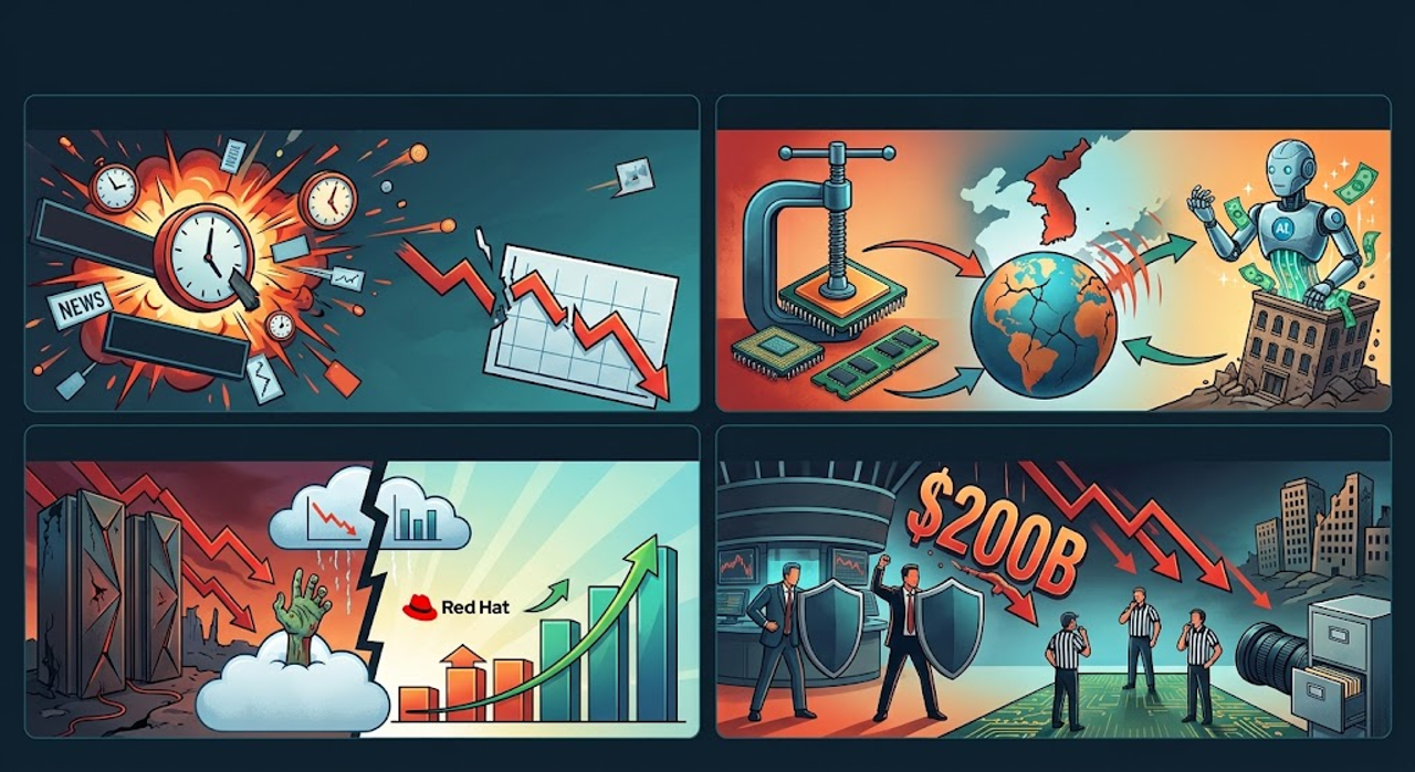 Four illustrated panels of the IBM day: a breaking-news shock with a falling chart, a vice squeezing memory chips beside Korea and an AI robot taking the money, a crumbling legacy tower against rising modern-software bars, and referees inspecting a two-hundred-billion-dollar decline on a trading floor.