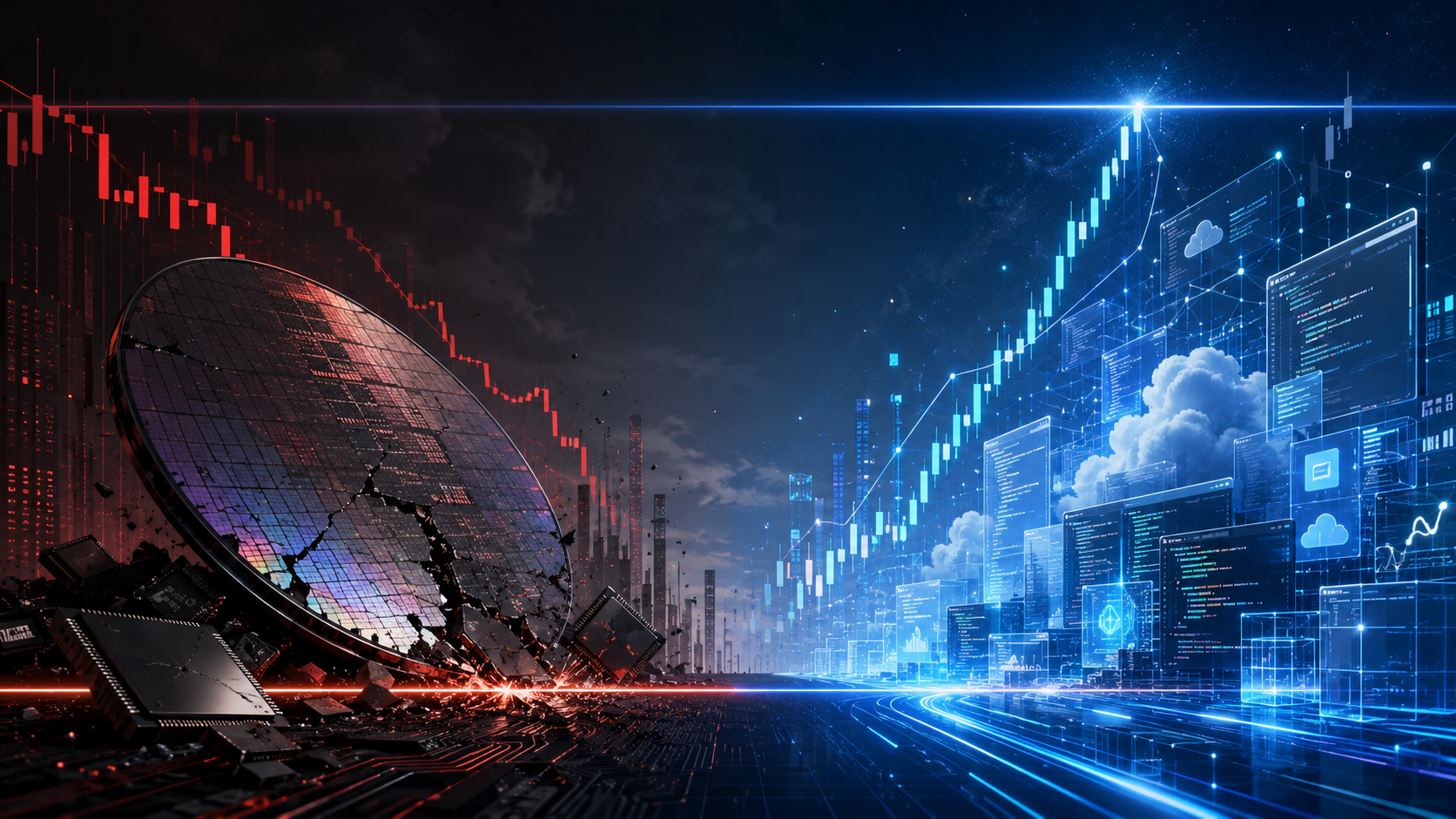 A cracked silicon wafer under a series of red falling candles on one side; a glowing cloud-computing skyline with blue rising candles pressing against a horizontal resistance line on the other — semis at support, software at breakout.