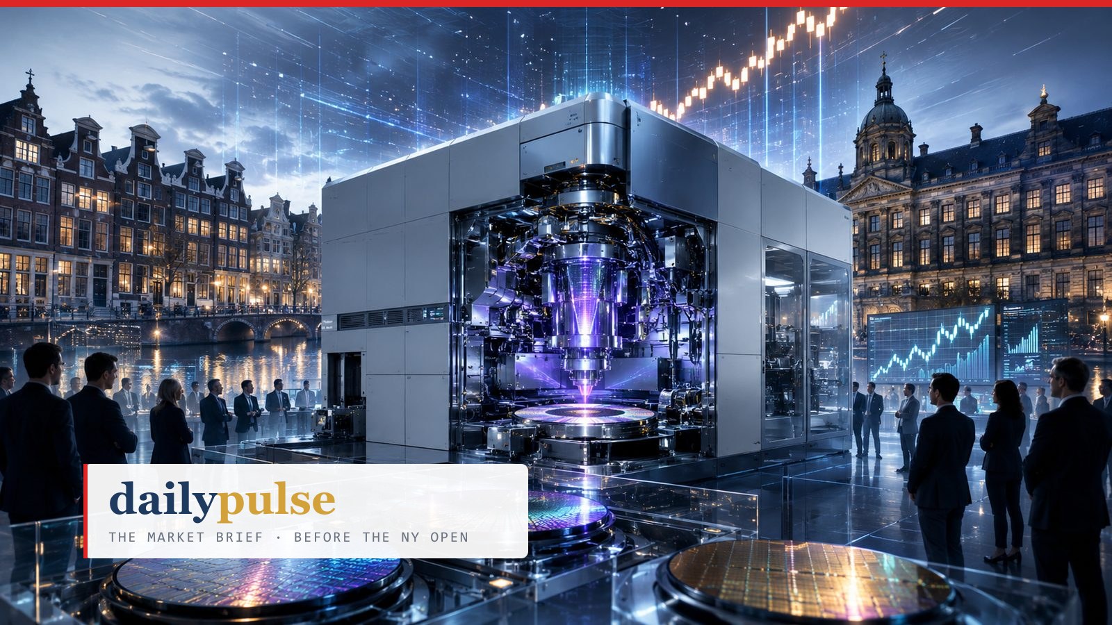An EUV lithography machine standing on an Amsterdam square between canal houses and the Royal Palace, finished wafers in the foreground and a rising price chart in the night sky — ASML's capacity answer.