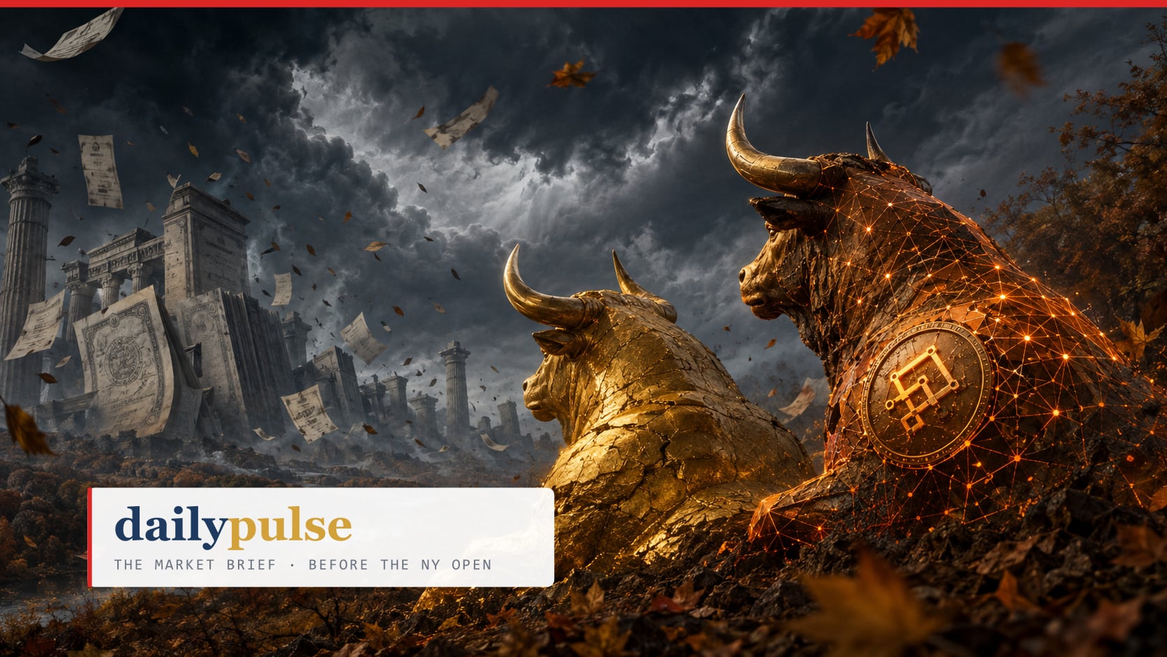Daily Pulse cover for 2026-08-21 - The Voting Machine and the Weighing Machine: two bull statues, one of solid gold and one woven from glowing digital mesh, resting on an autumn hillside as storm clouds gather over a crumbling classical city built of bond certificates, paper notes scattering in the wind.