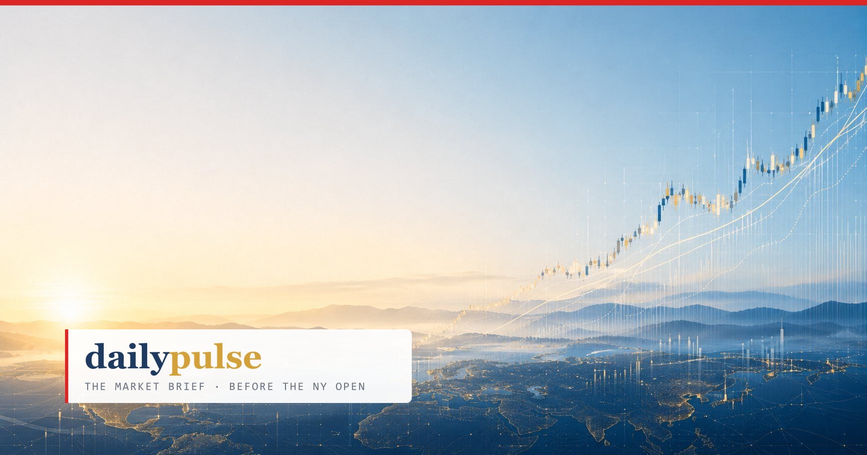 Daily Pulse cover for 2026-08-27 - A Catalyst for the Next Leg: sunrise over a lit world map seen from altitude, a rising candlestick trend climbing into the light from the horizon toward the upper right.