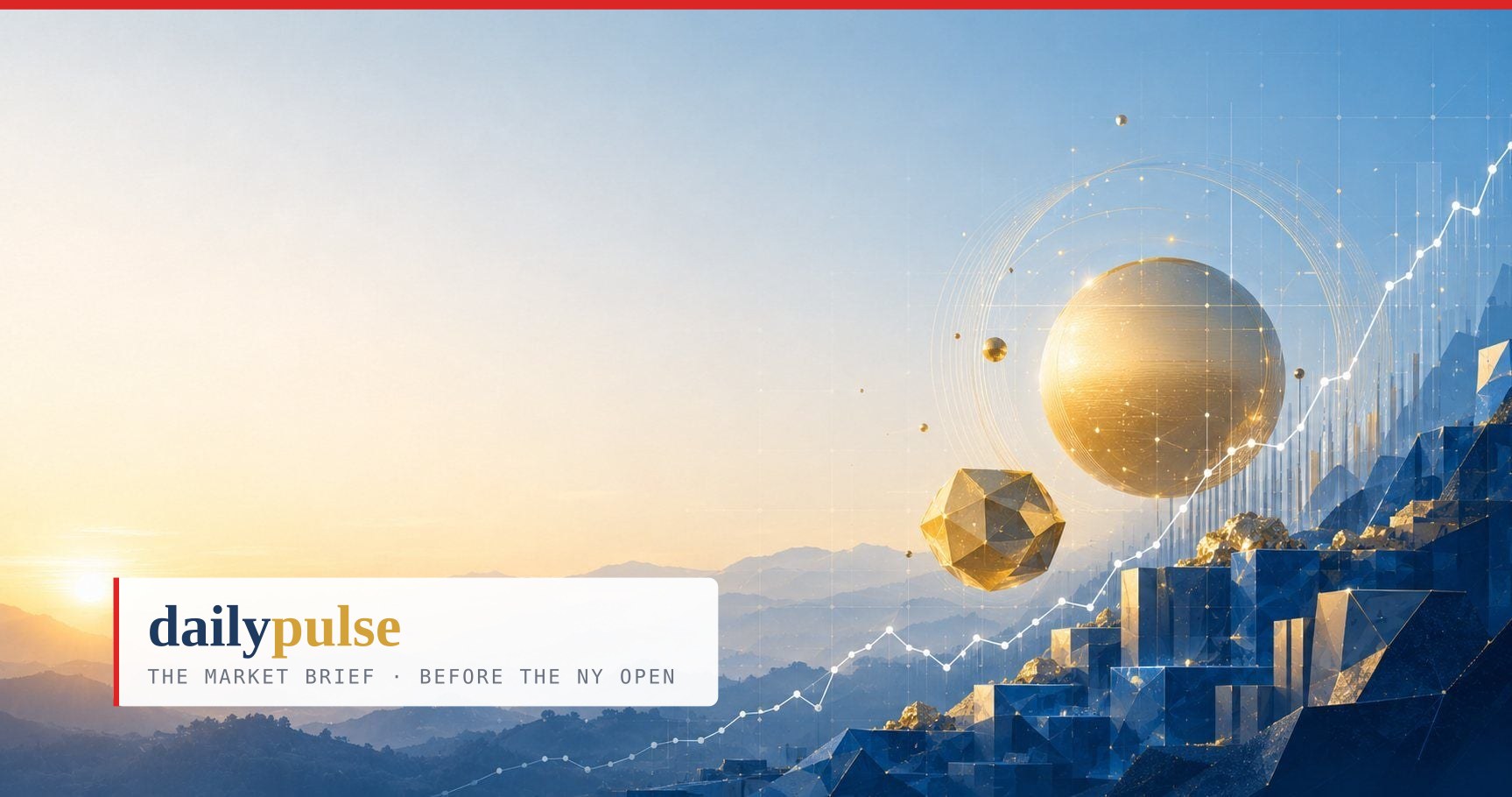 Daily Pulse cover — gold spheres and polyhedra over crystal blocks beneath a rising line: the hard-asset trade and the rotation inside it