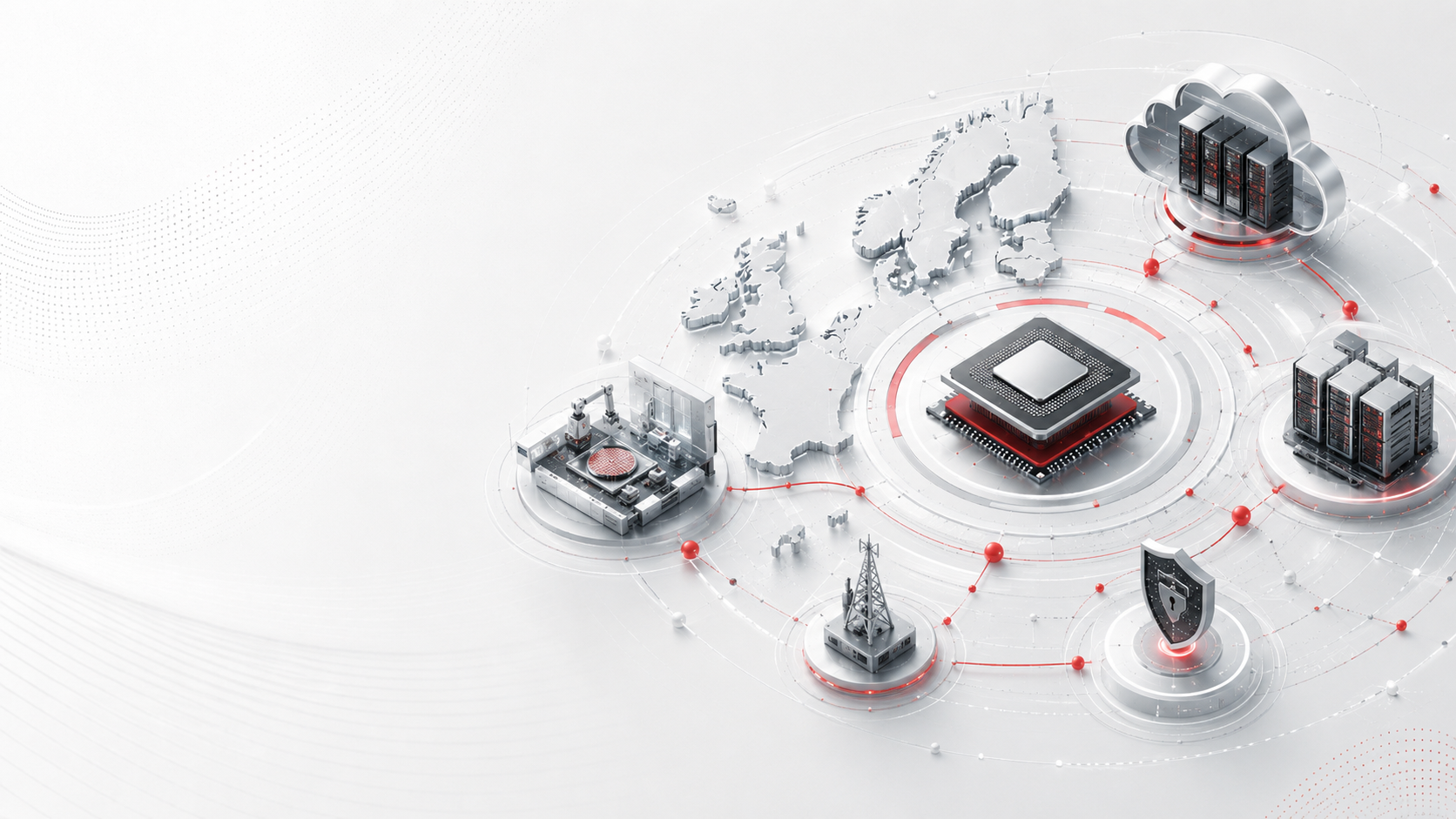 Illustration: European chips and cloud servers linked in a rising data motif